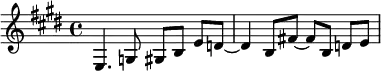 {\key e \major
e4. g8 gis8 [b8] e'8 [d'!8~] d'4 b8 [fis'!8~] fis'8 b8 d'8 [e'8]}