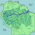 Il Rio delle Amazzoni (blu scuro) e i fiumi che vi confluiscono (blu medio).