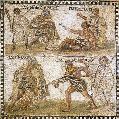 Un retiarius ("l'uomo con la rete"), con tridente e rete fusa, che combatte un secutor (mosaico, IV secolo a.C.)