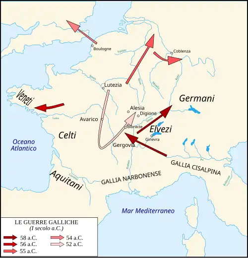 Les différentes campagnes de la Guerre des Gaules.
