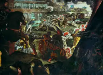 Tintoretto, Federico II Gonzaga difende Pavia, 1578-1580, Monaco di Baviera, Alte Pinakothek. Sullo sfondo si vede il Ponte Coperto.