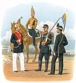 1865-1872. Reggimento Pavlovskij della Guardia imperiale. Feld'febel' e trombettiere in alta uniforme, sottufficiale in uniforme da marcia, ufficiale in uniforme ordinaria