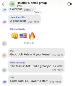 Uno screenshot della chat di gruppo utilizzata da membri dell'amministrazione Trump per l'attacco contro gli Houti