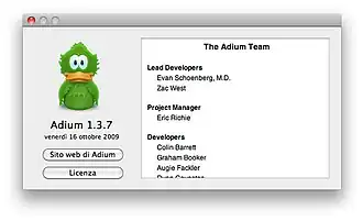 Crediti di Adium, con il logo: Un papero verde