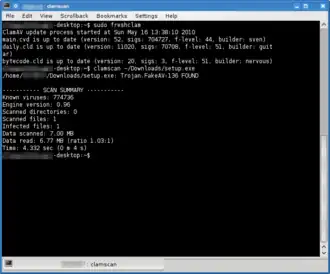 Interfaccia testuale di ClamAV 0.96: aggiornamento definizioni dei malware, scansione di un file ed identificazione di un trojan.