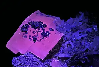 Campione di calcite (rosa) e quarzo (violetto) proveniente dal Messico sotto luce ultravioletta