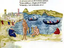 Raffigurazione di Pozzuoli in epoca medievale (dal [[De Balneis Puteolanis]]).