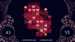 Screenshot dal videogioco che mostra il sesto puzzle del videogioco. In alto è possibile vedere il protagonista, Helltaker, bloccato da tre massi che può spingere con la "forza di volontà". Sotto la roccia a destra di Helltaker c'è la chiave. Due soldati scheletro sono presenti nel puzzle. In basso c'è la porta per arrivare ad Azazel.