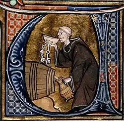 Un monaco cellario degusta del vino da una botte mentre riempie una brocca. Da Li Livres dou Santé di Aldobrandino da Siena (Francia, tardo XIII secolo).