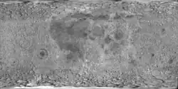 Mappa topografica della Luna. Proiezione equirettangolare. Area rappresentata: 90°N-90°S; 180°W-180°E.