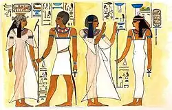 Copia di una pittura nella tomba di Bintanath, raffigurante Bintanath al cospetto di un dio e la figlia Bintanath II al cospetto di Nefti.