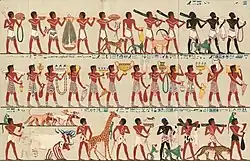 Le processione dei tributari (particolare con, secondo registro, i Keftiw)(acquerello di George Alexander Hoskins -1802/1863-)