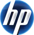 A stylized glossy blue circle with the stylized italic letters "hp" on it