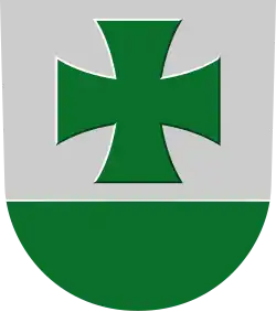 D'argento, alla croce scorciata patente di verde; alla campagna dello stesso