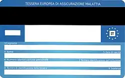 Il retro dell'attuale tessera sanitaria/carta nazionale dei servizi riportante i dati della tessera europea di assicurazione malattia