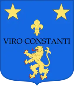 Stemma della linea dei Di Napoli: D'azzurro al leone d'oro, sormontato dal motto VIRO CONSTANTI di nero in fascia, con due stelle d'oro e un giglio dello stesso posti nel capo 2 e 1.