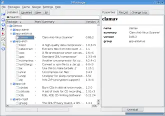 KPackage 3.4.1, che mostra i pacchetti di Gentoo