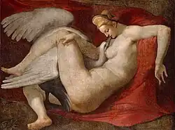 Giove rende incinta Leda, dipinto da un originale di Michelangelo, circa 1530, Londra, National Gallery.
