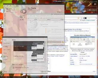 Openbox con Mozilla Firefox, Exaile e Obconf aperti e Thunar arrotolato