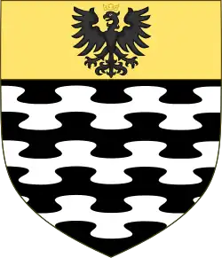 Fasciato di nero e d'argento controinnestato; col capo d'oro carico di un'aquila di nero coronata del campo (famiglia d'Adda)