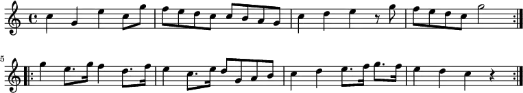 \relative c'
{ \key c \major \time 4/4 
\repeat volta 2 {c'4 g e' c 8 g' | f e d c c b a g | c4 d e r8 g | f e d c g'2 | } \repeat volta 2 {g4 e8. g16 f4 d8. f16 | e 4 c8. e16 d8 g, a b | c4 d e8. f16 g8. f16 e4 d c4 r } }
\addlyrics {
<<
{}
>>
}
