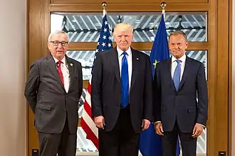 Donald Tusk e Jean-Claude Juncker con il presidente degli Stati Uniti Donald Trump, 2017
