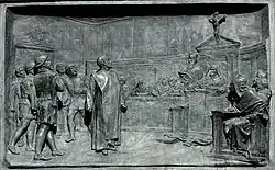 Monumento a Giordano Bruno, Roma, 1889; bassorilievo del piedistallo: Bruno davanti all'Inquisizione