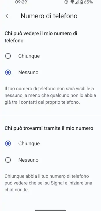 Impostazione privacy del numero di telefono