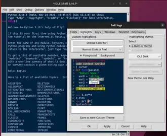 IDLE in azione in Ubuntu: shell con impostazioni relative all'highlights