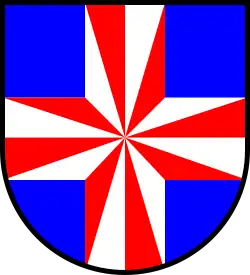 D'azzurro, alla croce gheronata di rosso e d'argento di 16 pezzi