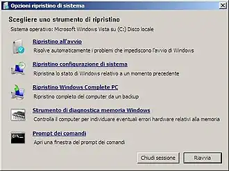 Il menu di Windows Recovery Environment